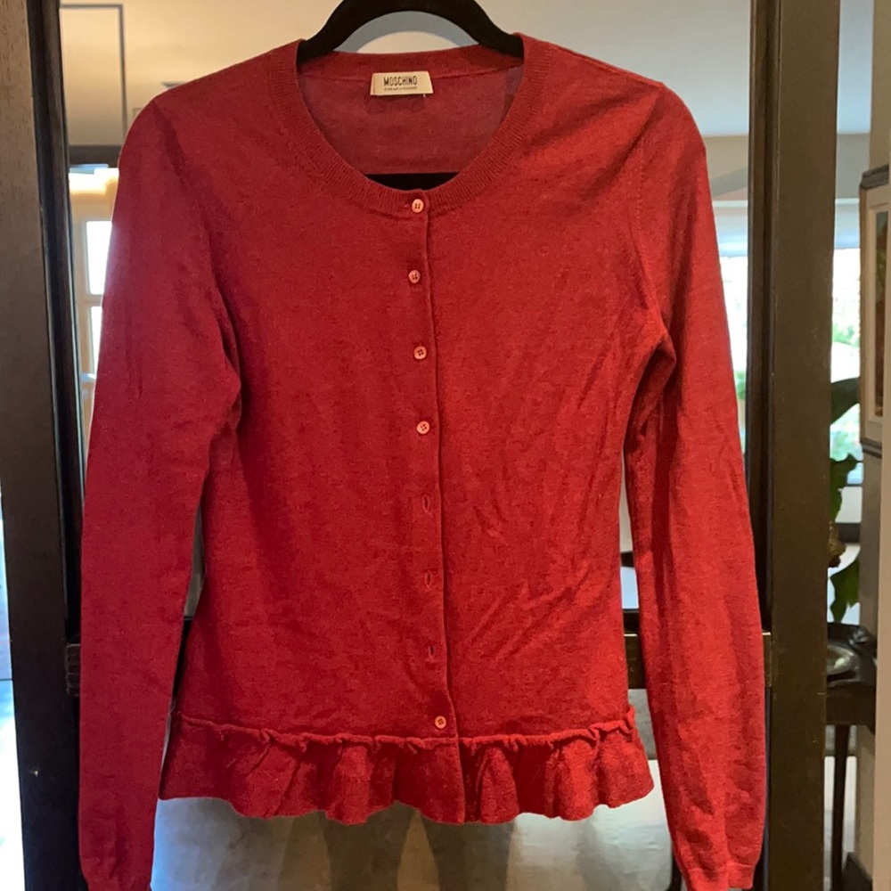 Moschino burgundy cashmere cardigan with ruffle detail